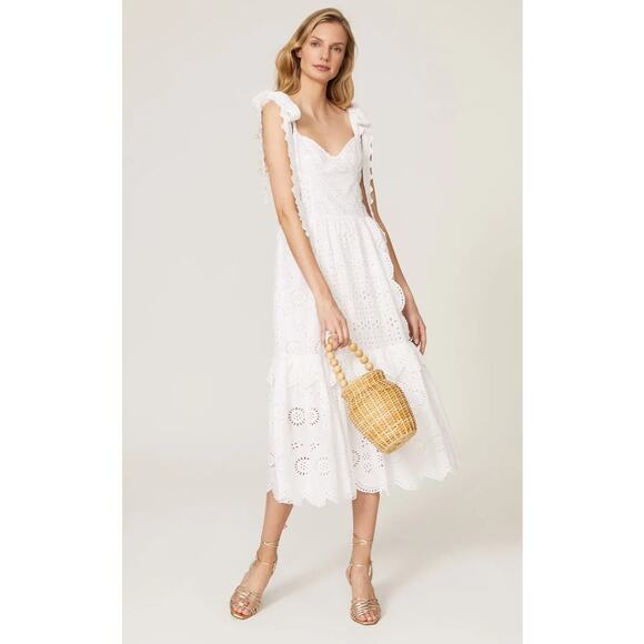 LoveShackFancy Antonella Dress White Embroidered Eyelet Ruffe Tiered Midi Size S - Picture 1 of 11